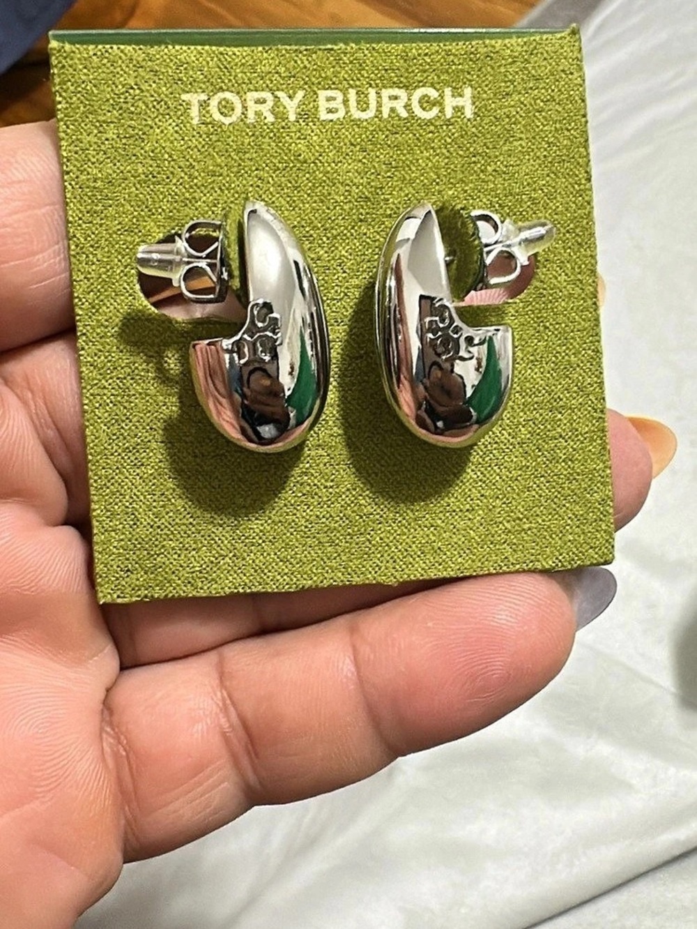 Tory Burch Small Pierced Hoop Earrings Small Silver & Green Clip-On Earrings